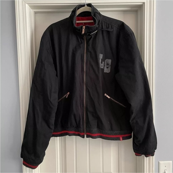 Levi Strauss Large Red Tab Black Bomber Jacket ~ Levi’s Graphic Motorcycle Y2K - Picture 1 of 9